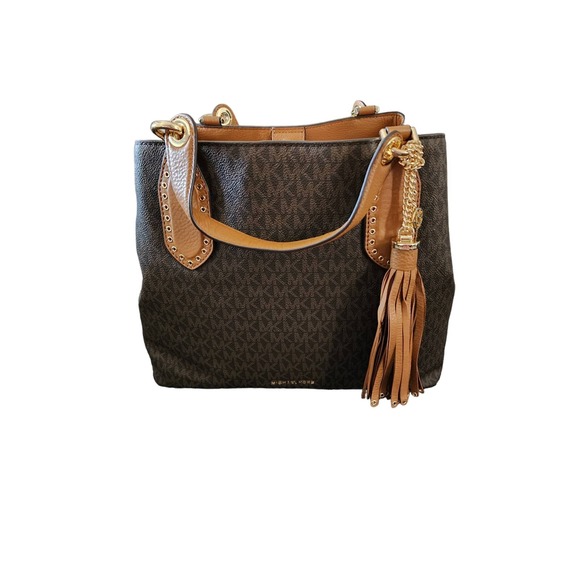 Michael Kors Brooklyn Ladies Large Brown Canvas Satchel Bag - Picture 9 of 16